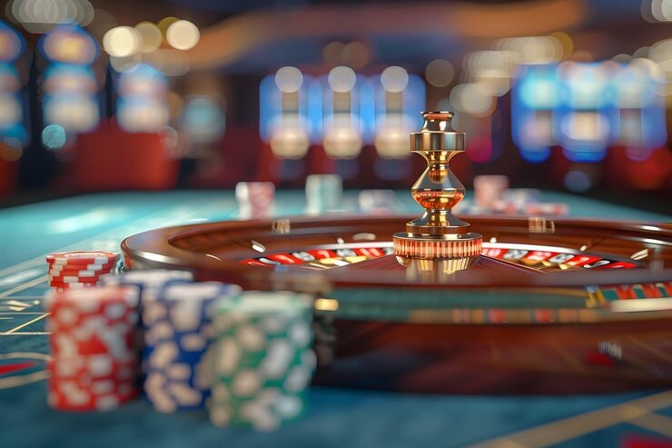 Live roulette wheel spinning with betting chips visible on table layout